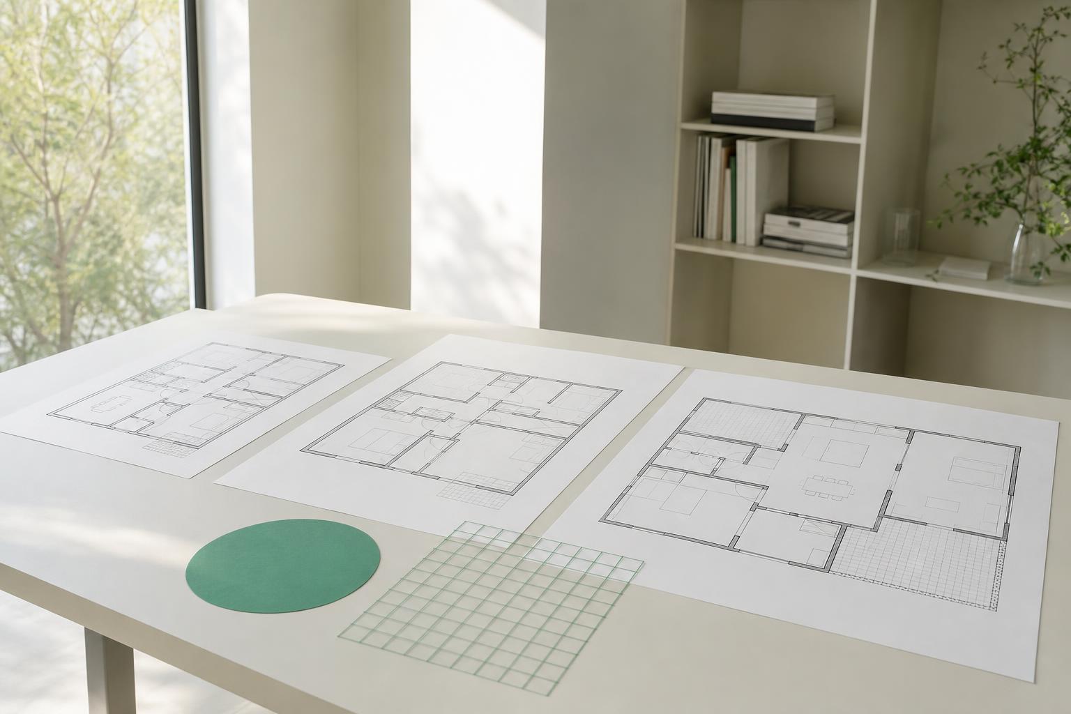 Plans architecturaux sur une table lumineuse, échantillons et schémas d’une petite maison neuve en début de conception.