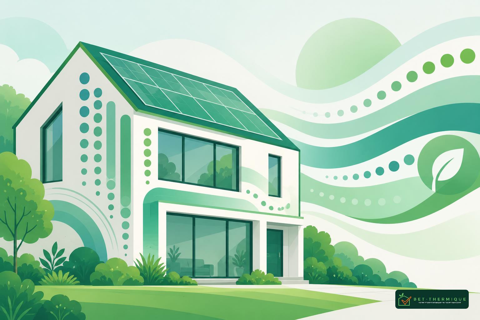 Maison moderne avec panneaux solaires sur le toit et façade vitrée entourée de verdure.
