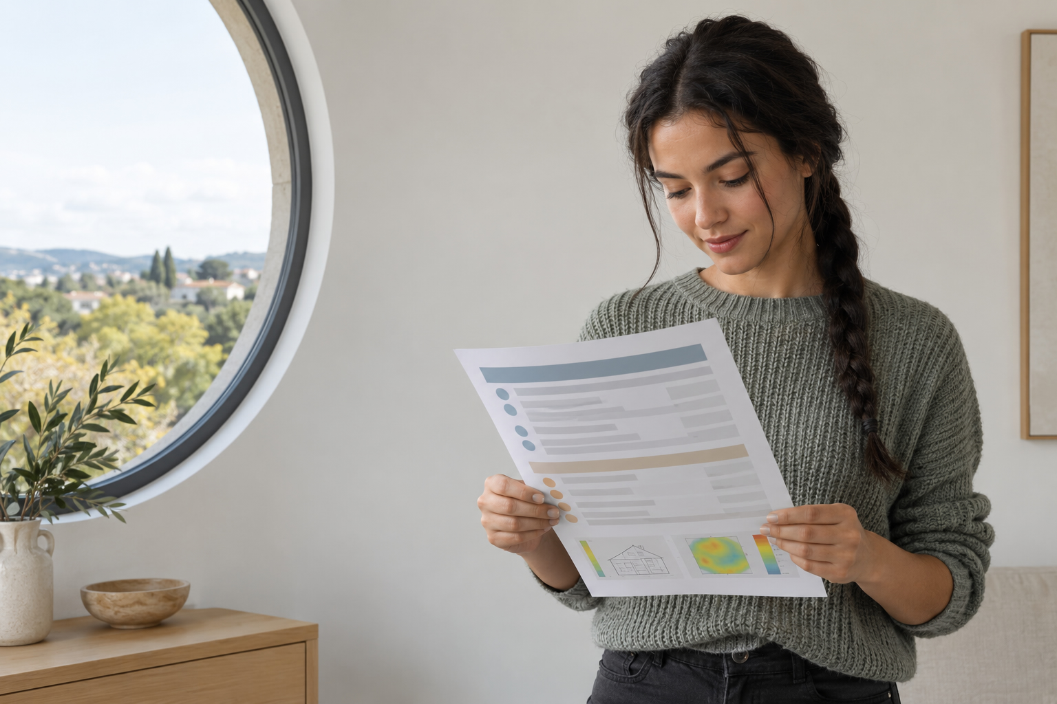 Une femme lit attentivement une feuille de calcul ou de plan sur fond intérieur lumineux.