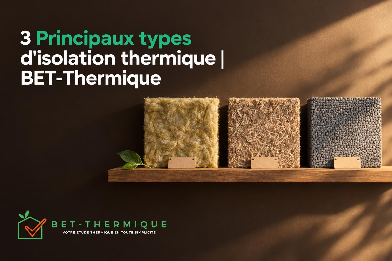 Trois échantillons d’isolants posés sur une étagère en bois avec une feuille verte et des étiquettes petites devant chacun.