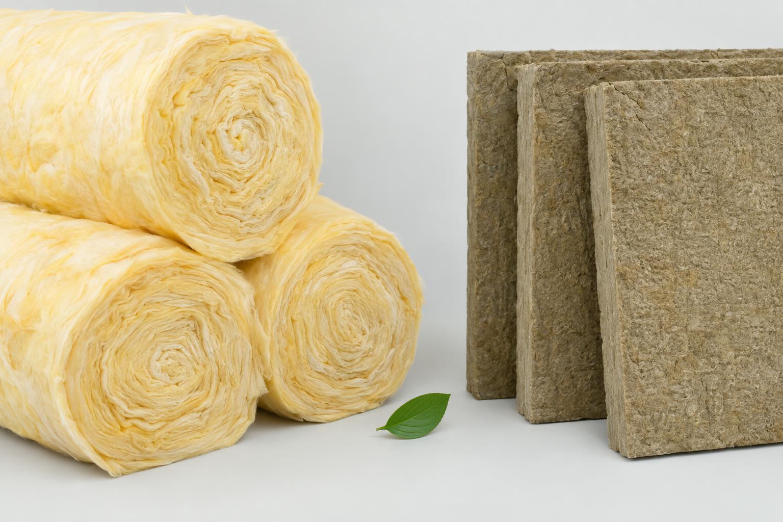 Trois rouleaux de laine minérale beiges et deux panneaux d’isolation en fibre minérale sur fond clair.