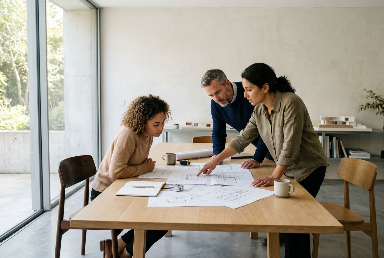 Trois personnes discutent autour d’un plan de maison sur une table, dans un espace lumineux et contemporain. alt: Construction maison haut de gamme, réunion d’architectes et clients autour des plans.