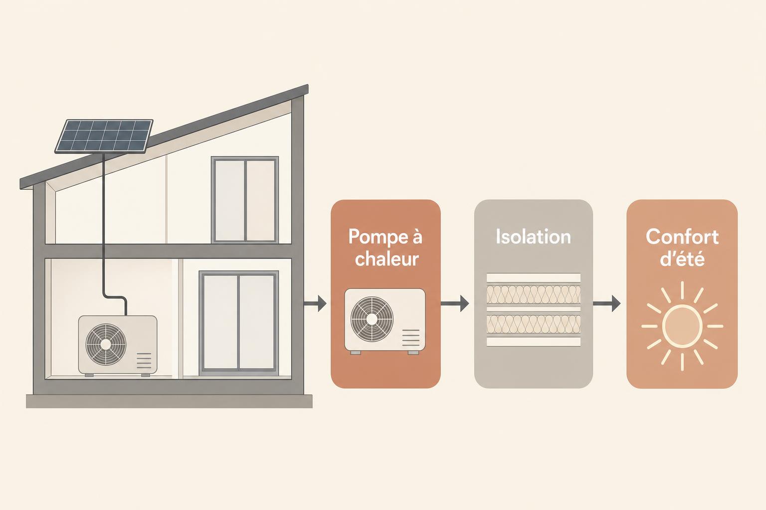 Construction maison haut de gamme : schéma d’un système climatique sur une maison moderne avec pompe à chaleur, isolation et confort d’été.