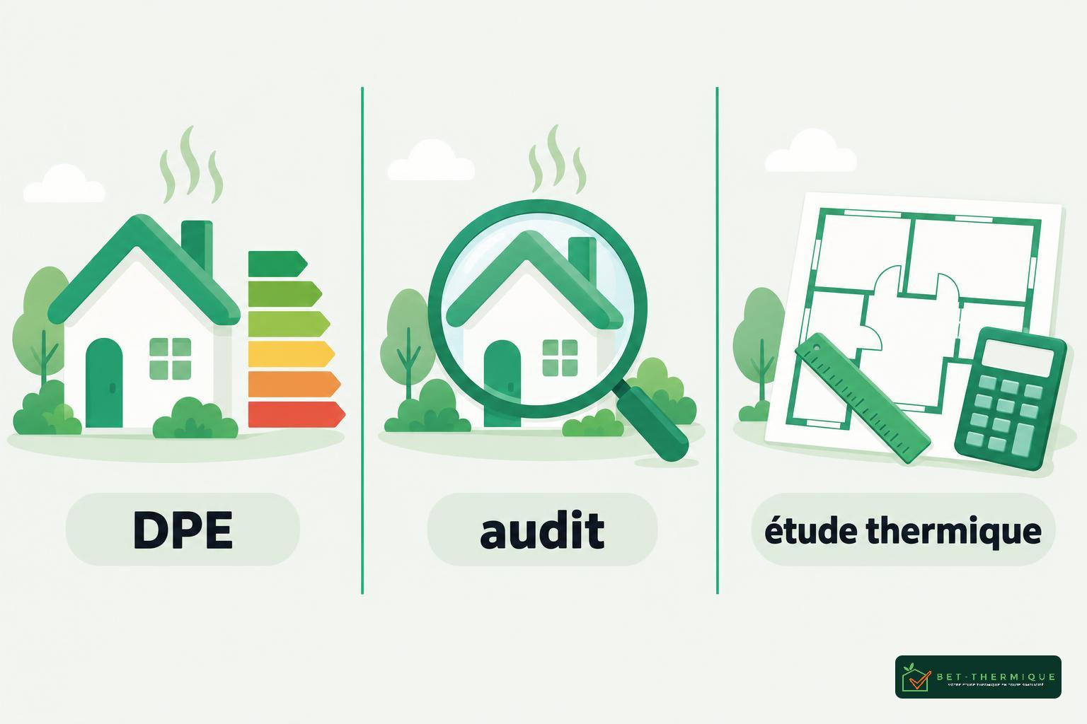 Image montrant trois icônes liées à l’étude thermique: une maison avec échelle DPE, une loupe sur une maison pour l’audit, et