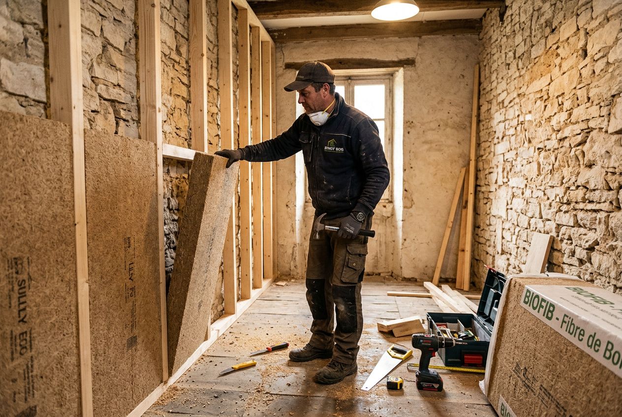 Homme en chantier posant oumanquant des panneaux d’isolation écologique mur intérieur en bois fibreux, dans une pièce en pierre.