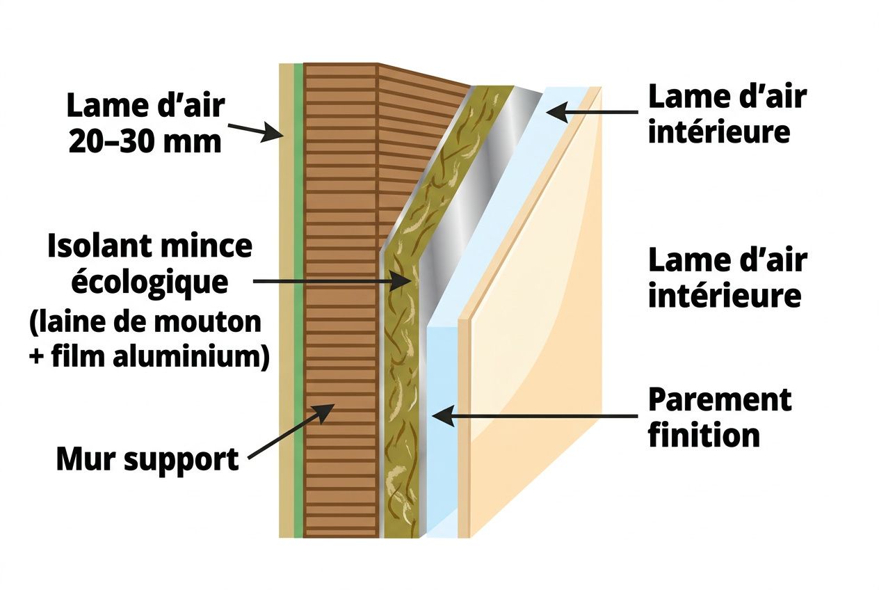 Schéma d’un mur avec isolant mince écologique, montrant la laine de mouton et film aluminium, l’isolation sur mur support et les couches: lame d’air, parement intérieur et finition. isolant mince haute performance intégrée.