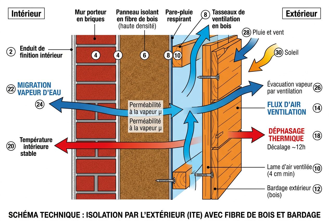 Schéma technique d’isolation par l’extérieur avec fibre de bois et bardage bois : murs intérieurs, pare-pluie, isolation écologique et ventilation, montrant flux d’air et déphasage thermique.