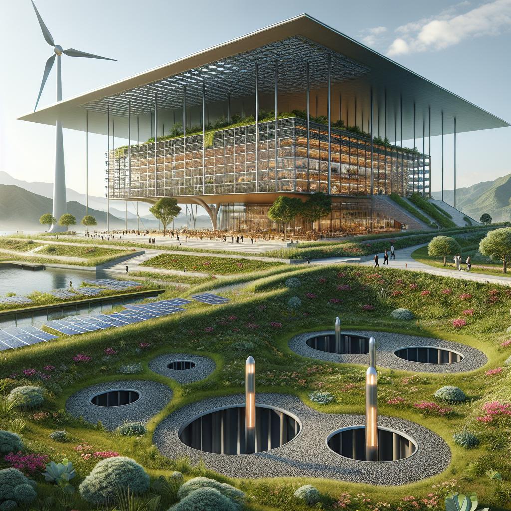 bâtiment durable moderne avec panneaux solaires et éolienne
