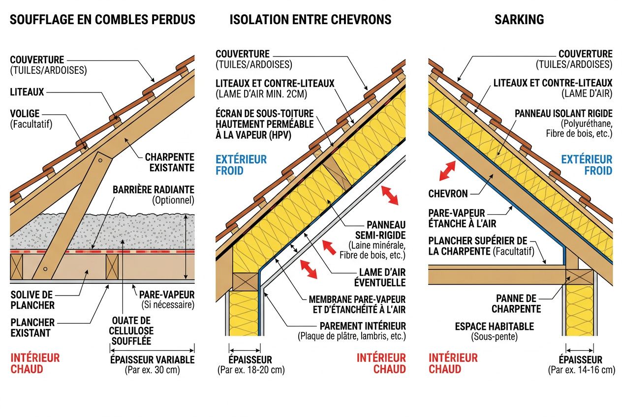 Schéma technique montrant l’isolation toiture écologique: couches de couverture, matériaux isolants naturels (chanvre, laine de bois, liège), ventilation et pare-vapeur, avec indique “isolation toiture écologique” et chaleur intérieure/extérieur.