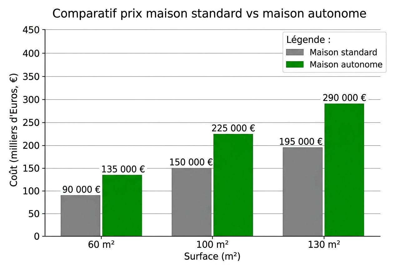 Comparatif des coûts: maison autonome en vert plus chère que maison standard en gris sur 60, 100 et 130 m² avec étiquettes de prix correspondants.