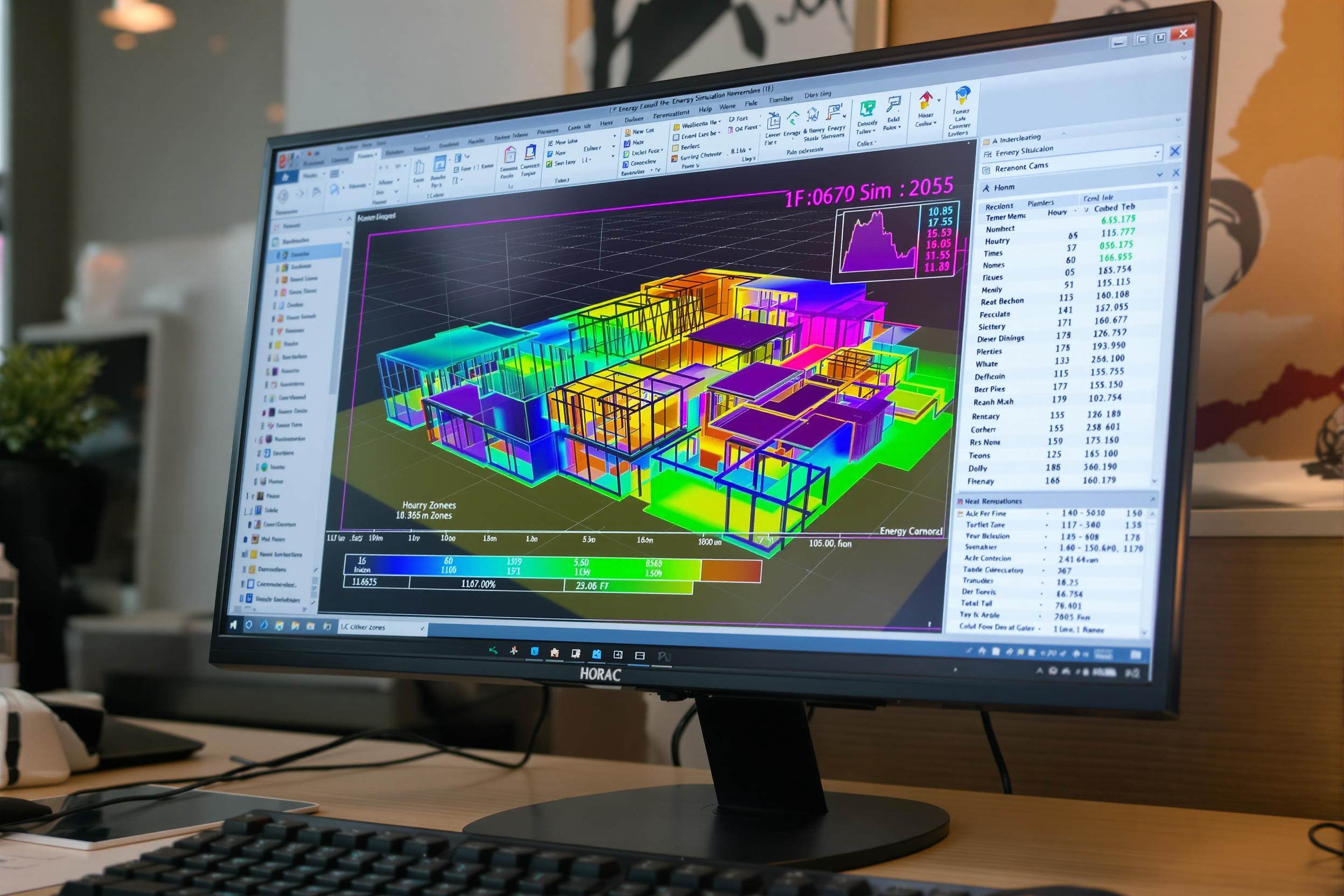 Interface logiciel de simulation thermique avec courbes horaires et modèle 3D