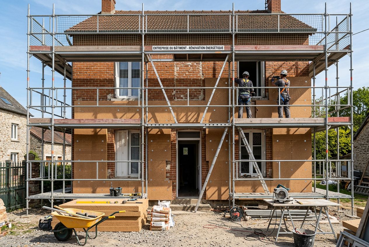Maison en rénovation avec échafaudage extérieure, travailleurs sur le toit et matériaux de construction au sol, illustration d’une isolation par l’extérieur ecologique.