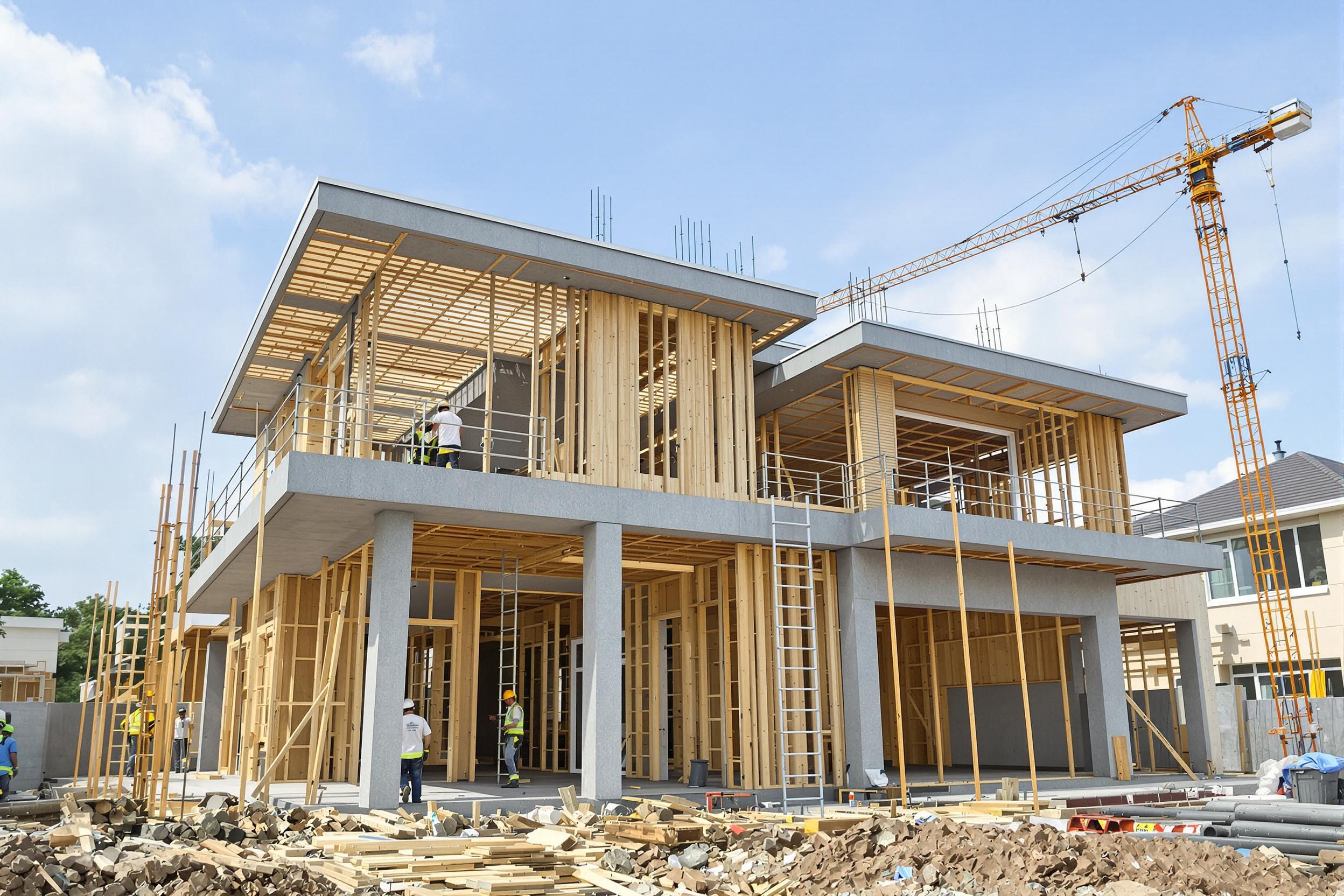 New house construction site with sustainable building practices
