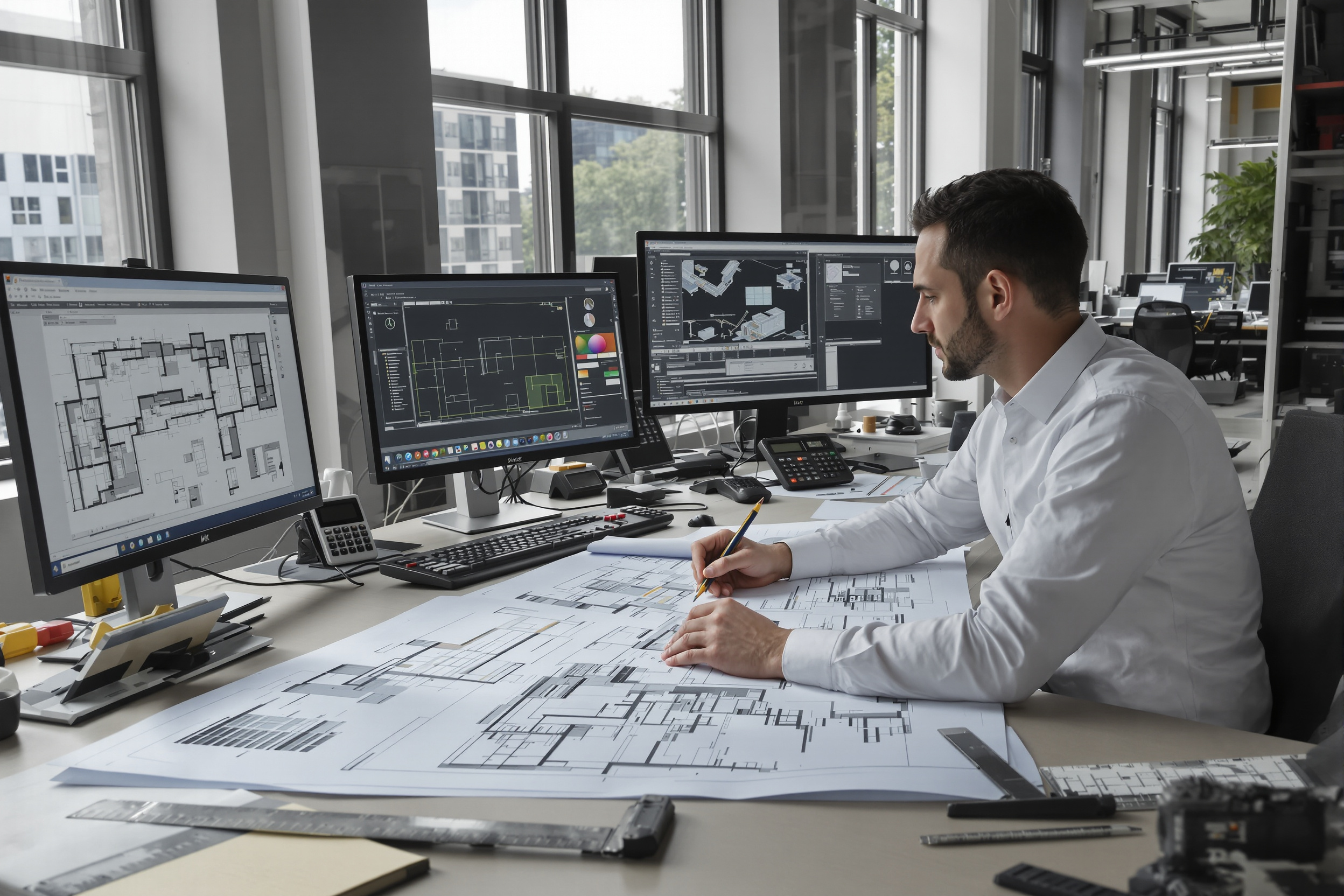 Ingénieur étudiant des plans de maison individuelle
