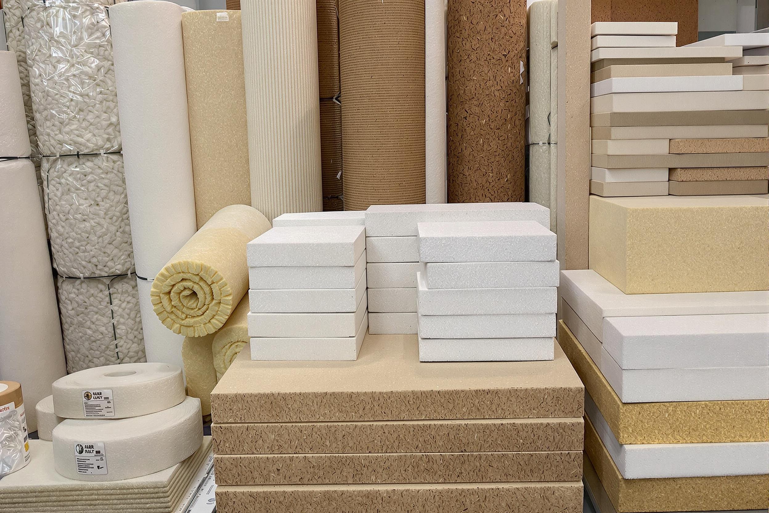 Vrac et rangements d’isolants: rouleaux de laine et mousse, blocs de polystyrène, panneaux et plaques isolantes beige, blanc et brun.