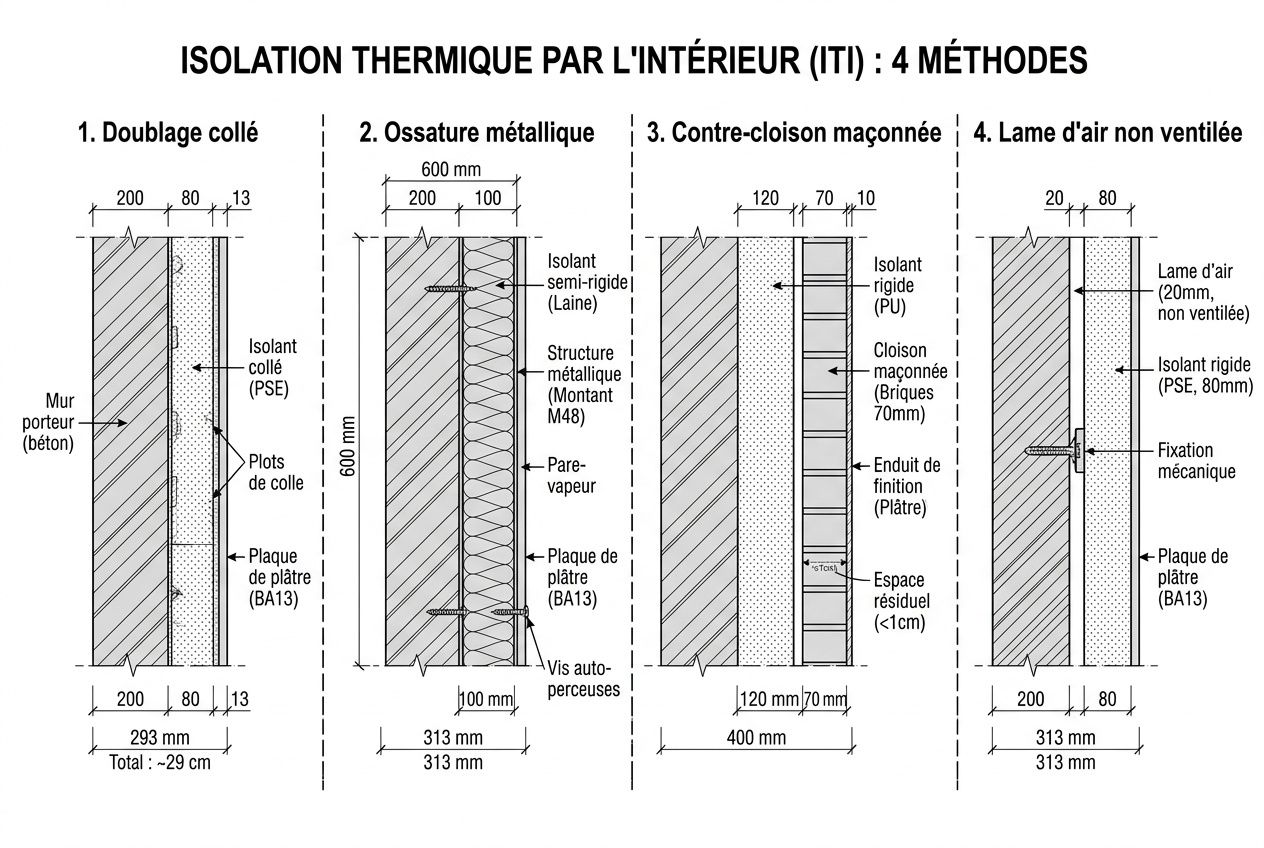 Isolation thermique par l’intérieur : schéma des 4 méthodes avec murs et matériaux naturels mis en avant.